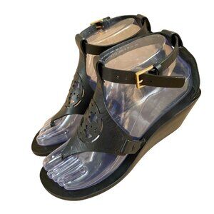 Tory Burch Black Zoey Wedge Sandals Size 6 Leather Ankle Strap Quiet Luxury